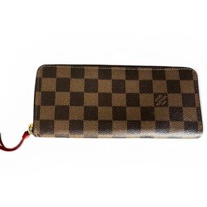 Louis Vuitton Damier Ebene Zip Around Wallet with Red Pull